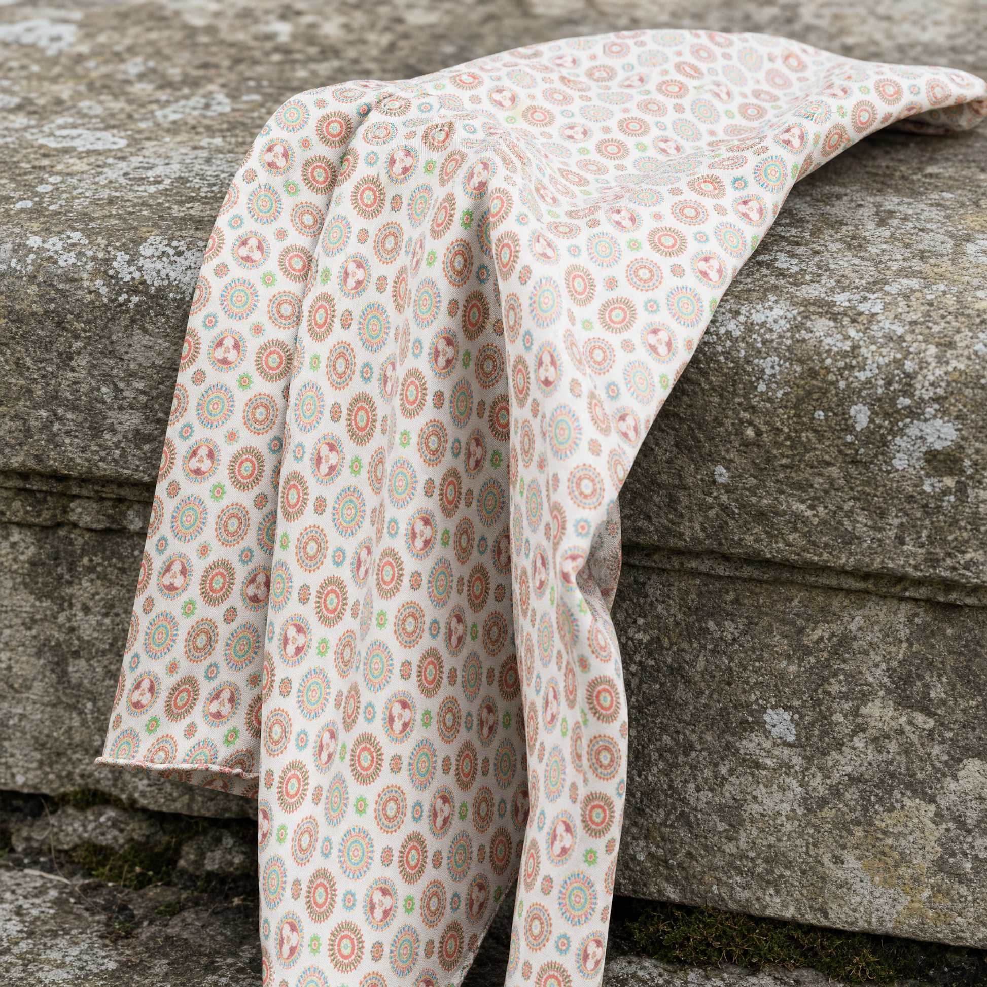 Kaleidoscopic Geometric Fusion Silk Cravat — 100% silk cravat, draped detail