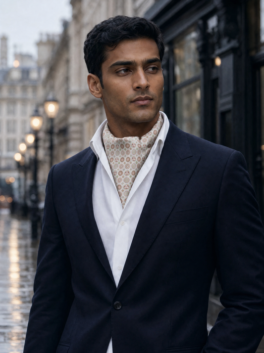 Kaleidoscopic Geometric Fusion Silk Cravat worn by a model — men's cravat