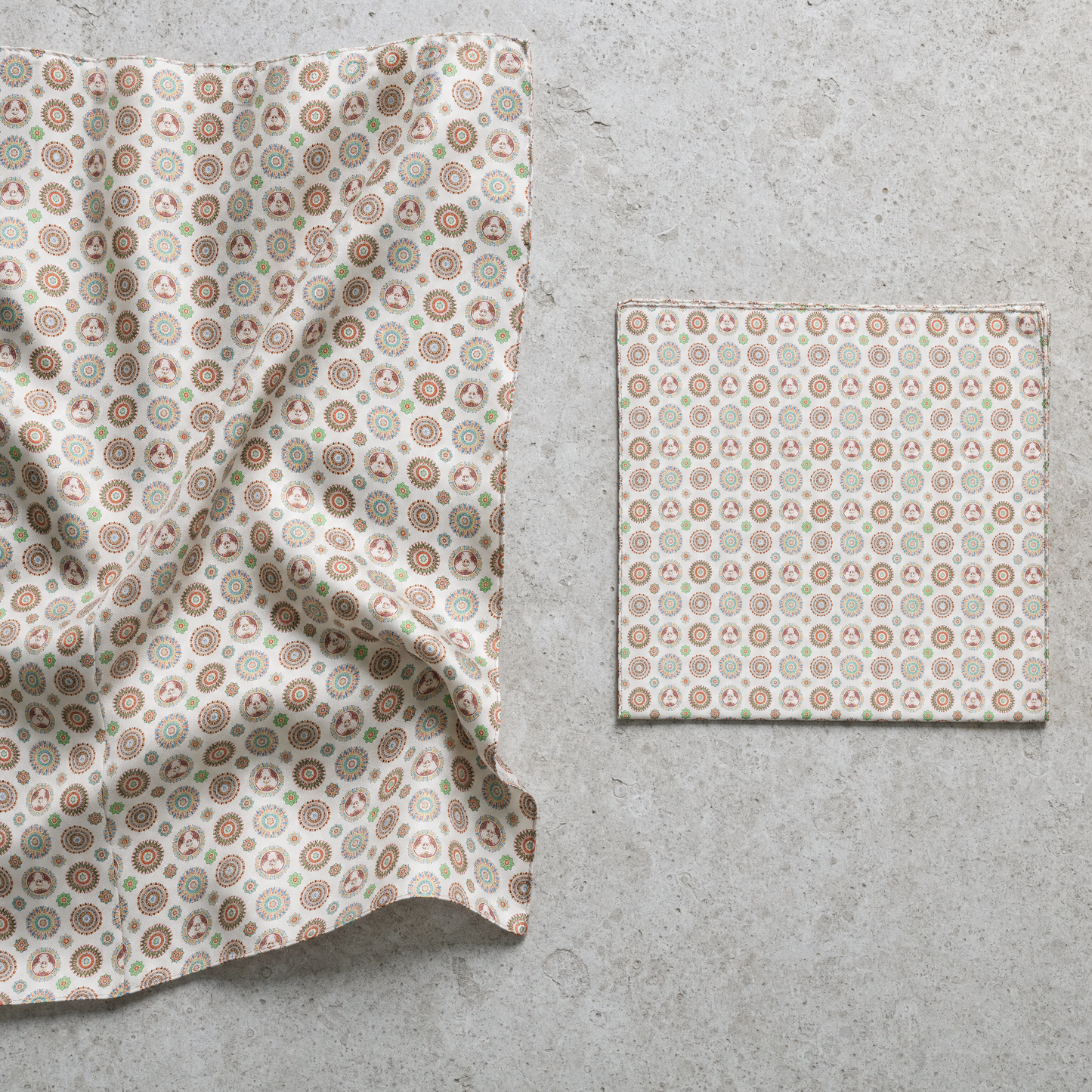 Kaleidoscopic Geometric Fusion Silk Scarf & Pocket Square Set — 100% silk scarf, draped detail