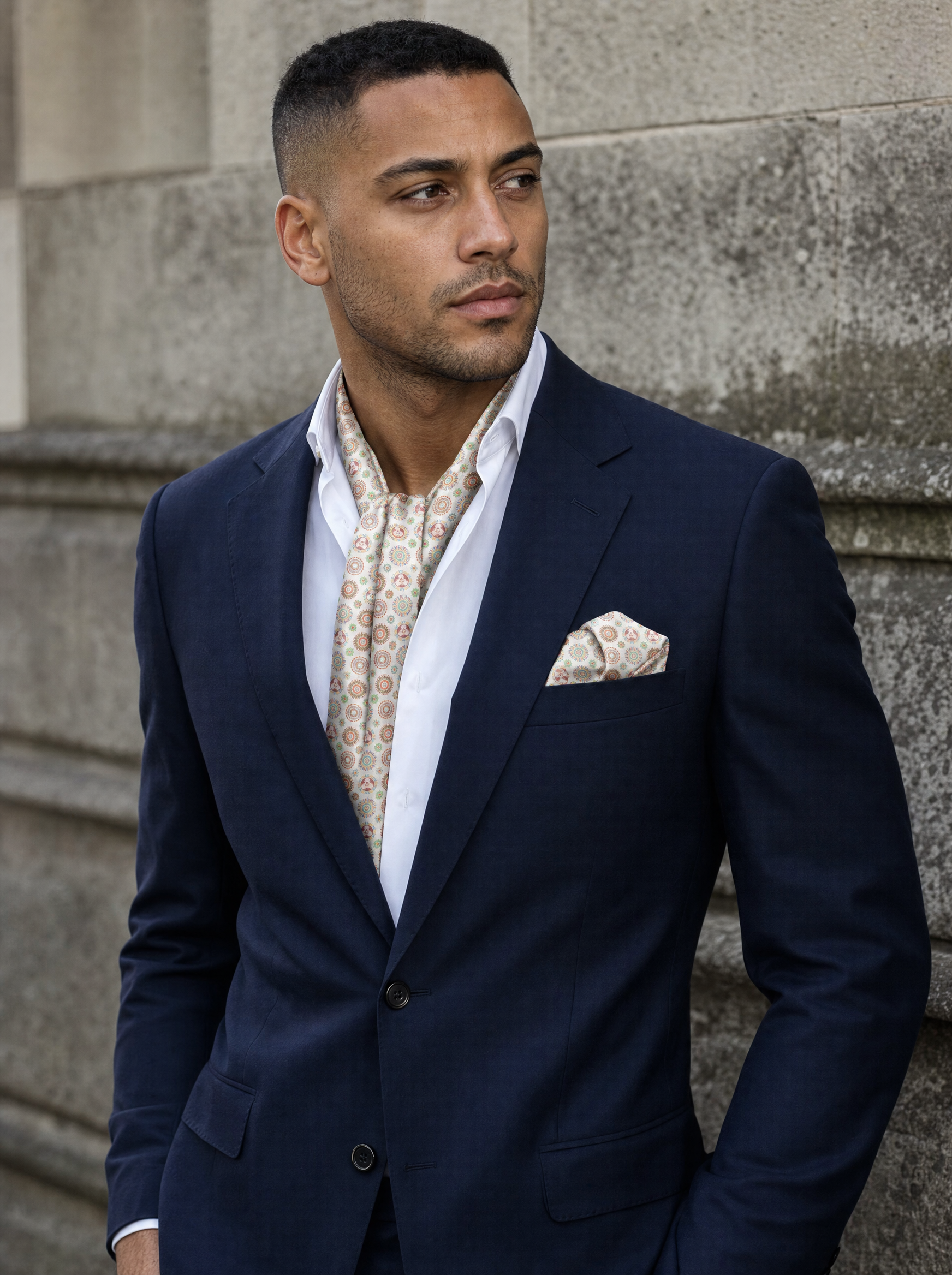 Kaleidoscopic Geometric Fusion Silk Scarf & Pocket Square Set worn by a model — men's scarf