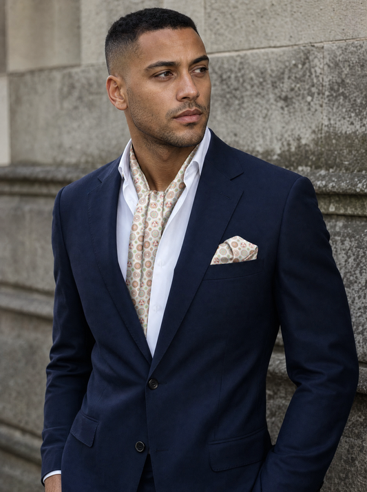 Kaleidoscopic Geometric Fusion Silk Scarf & Pocket Square Set worn by a model — men's scarf