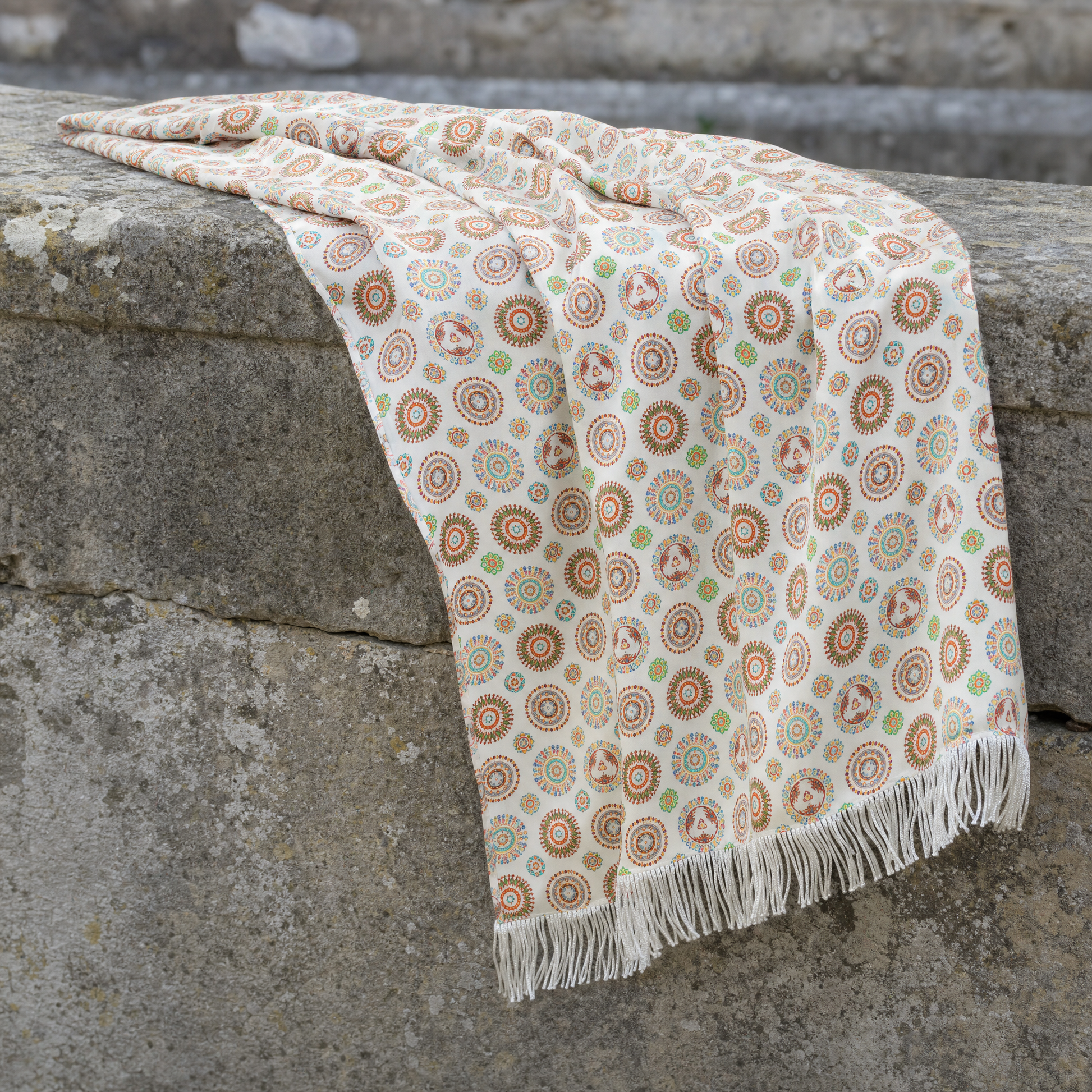 Kaleidoscopic Geometric Fusion Silk Scarf — 100% silk scarf, draped detail