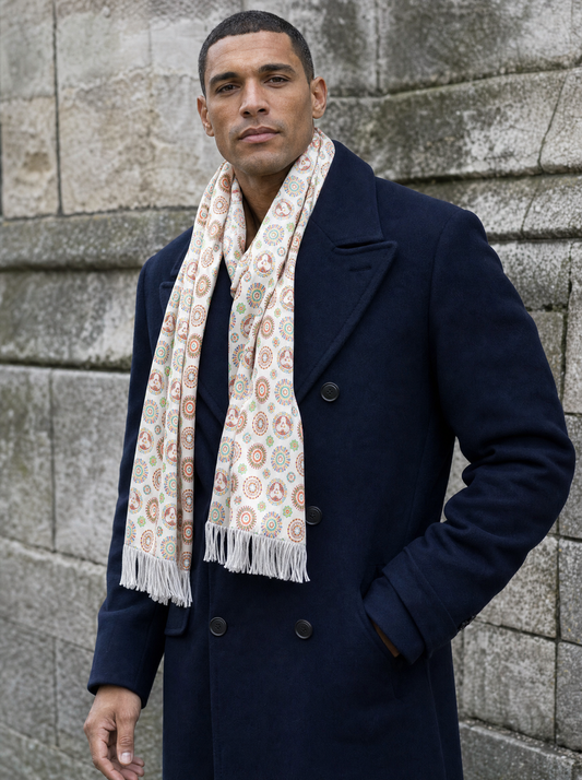 Kaleidoscopic Geometric Fusion Silk Scarf worn by a model — men's scarf