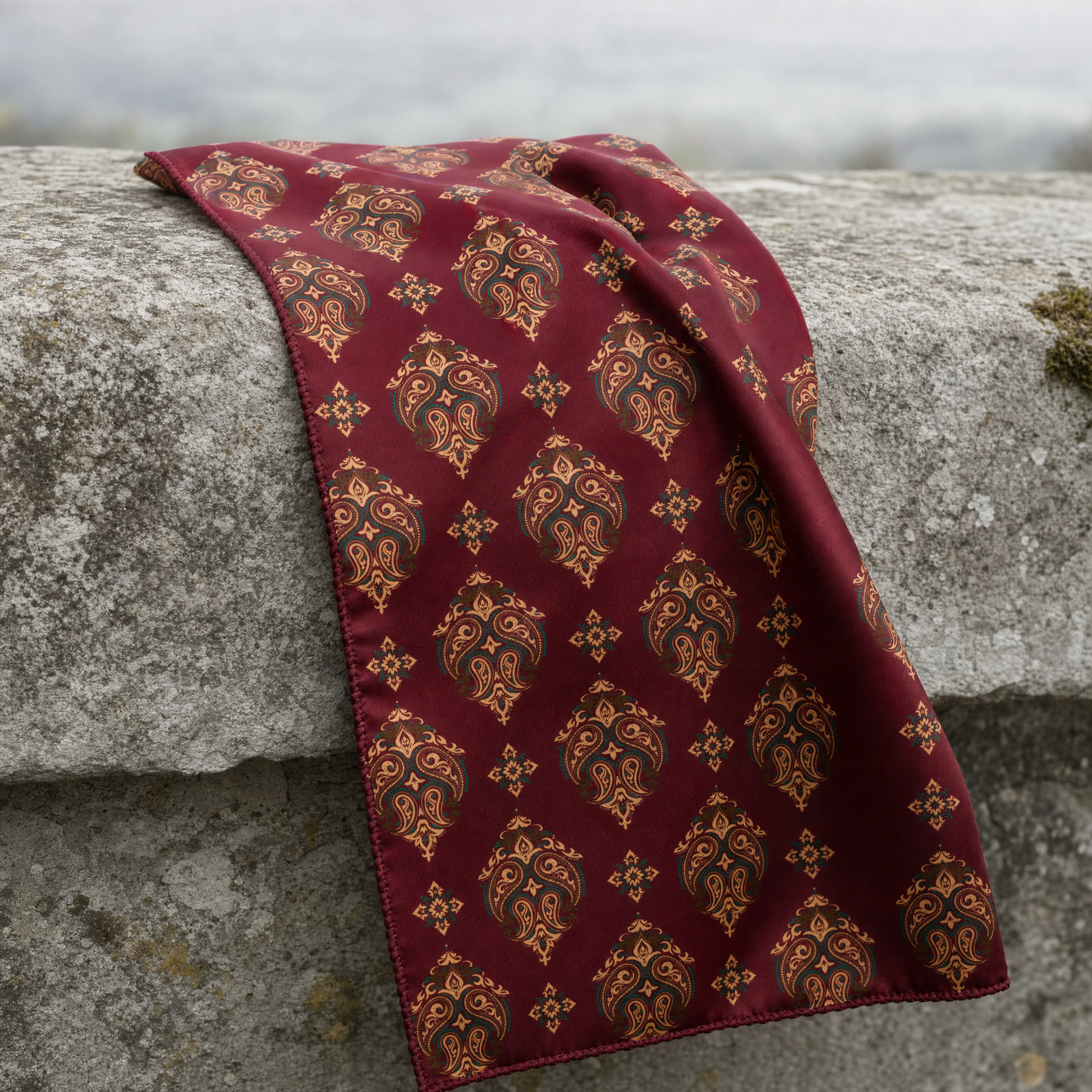 Maroon & Black Mystery Silk Cravat — 100% silk cravat, draped detail