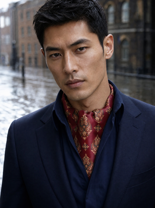 Maroon & Black Mystery Silk Cravat worn by a model — men's cravat