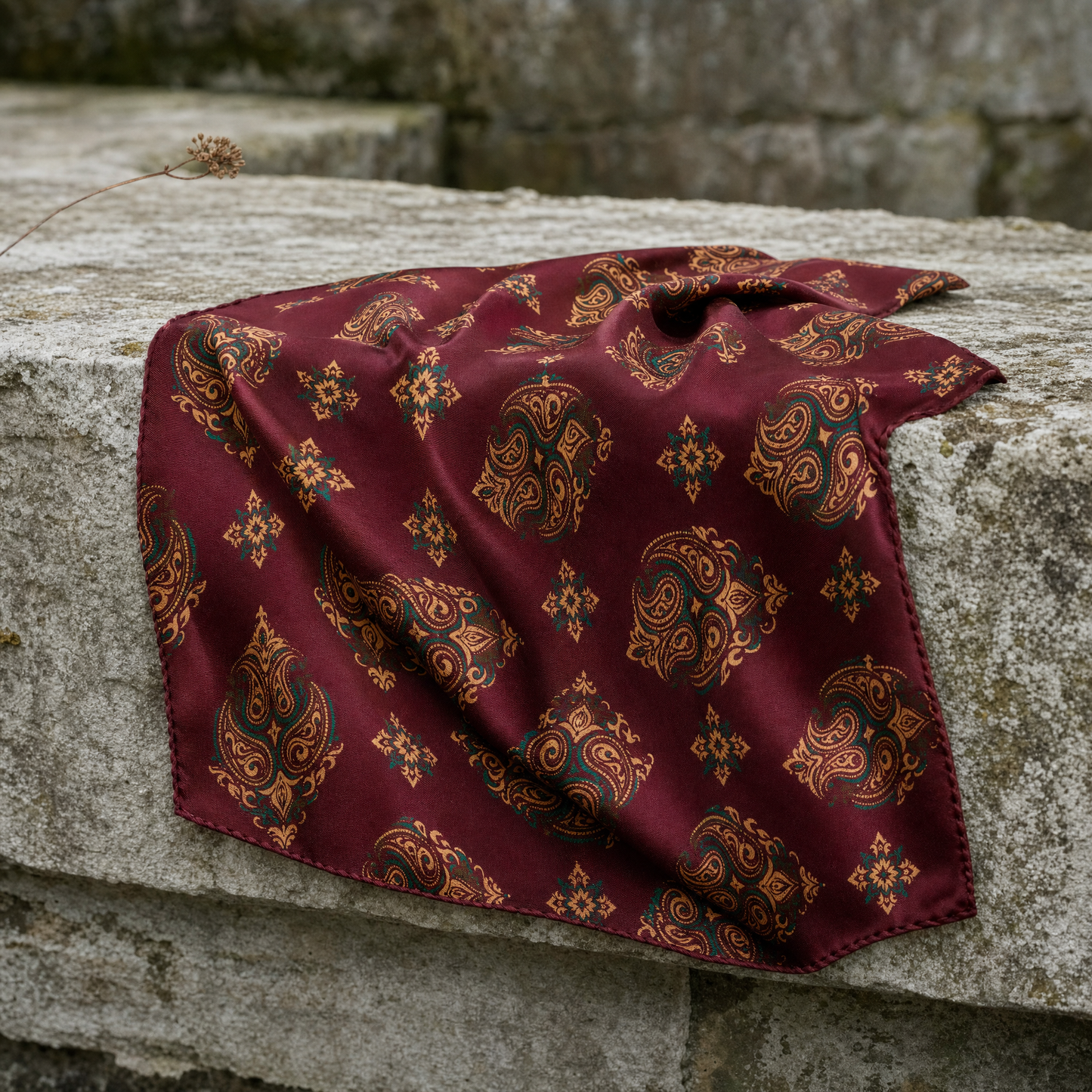 Maroon & Black Mystery Silk Pocket Square — 100% silk pocket square, draped detail