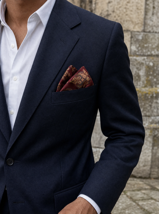 Maroon & Black Mystery Silk Pocket Square folded in a suit breast pocket — men's silk pocket square