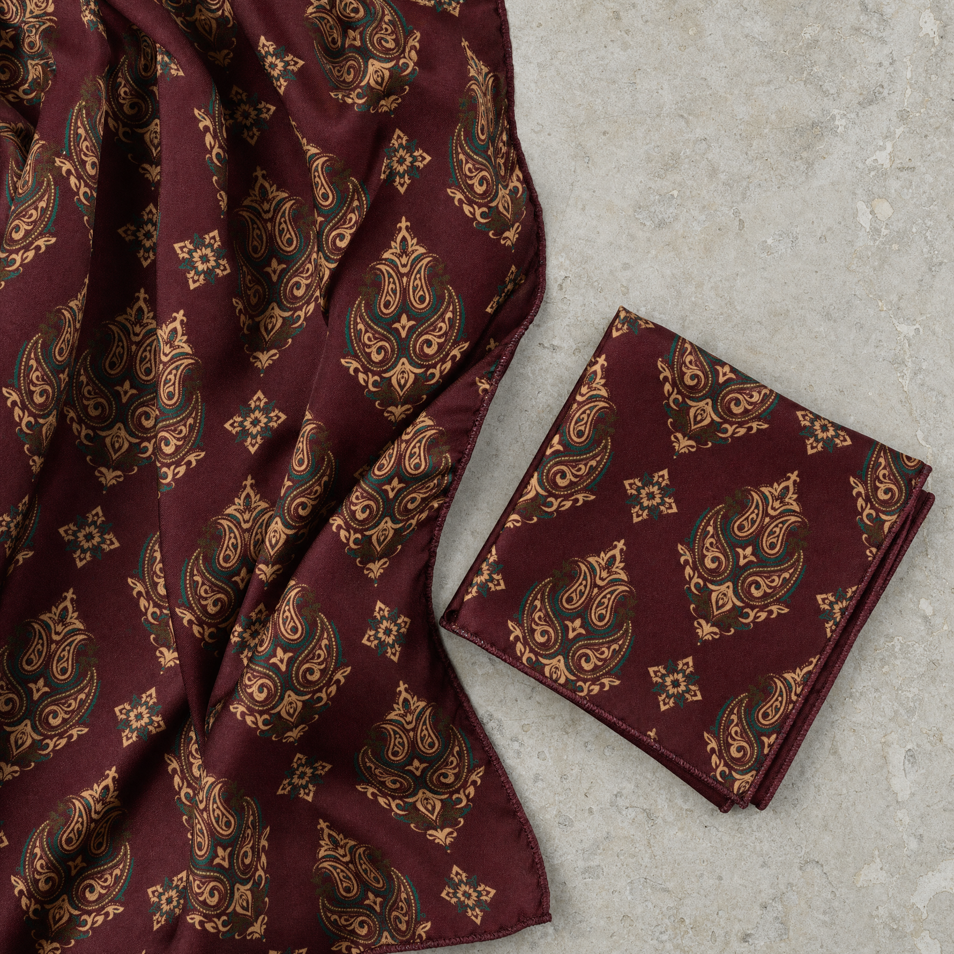 Maroon & Black Mystery Silk Scarf & Pocket Square Set — 100% silk scarf, draped detail