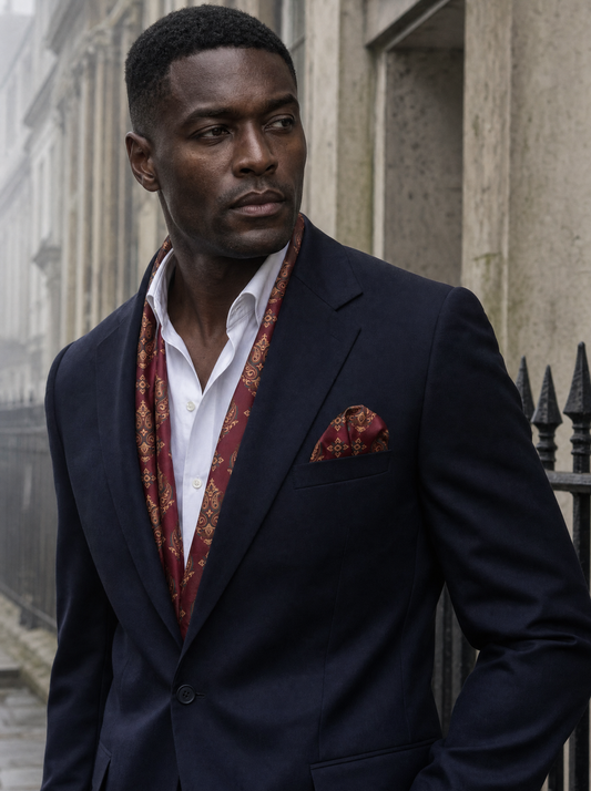 Maroon & Black Mystery Silk Scarf & Pocket Square Set worn by a model — men's scarf