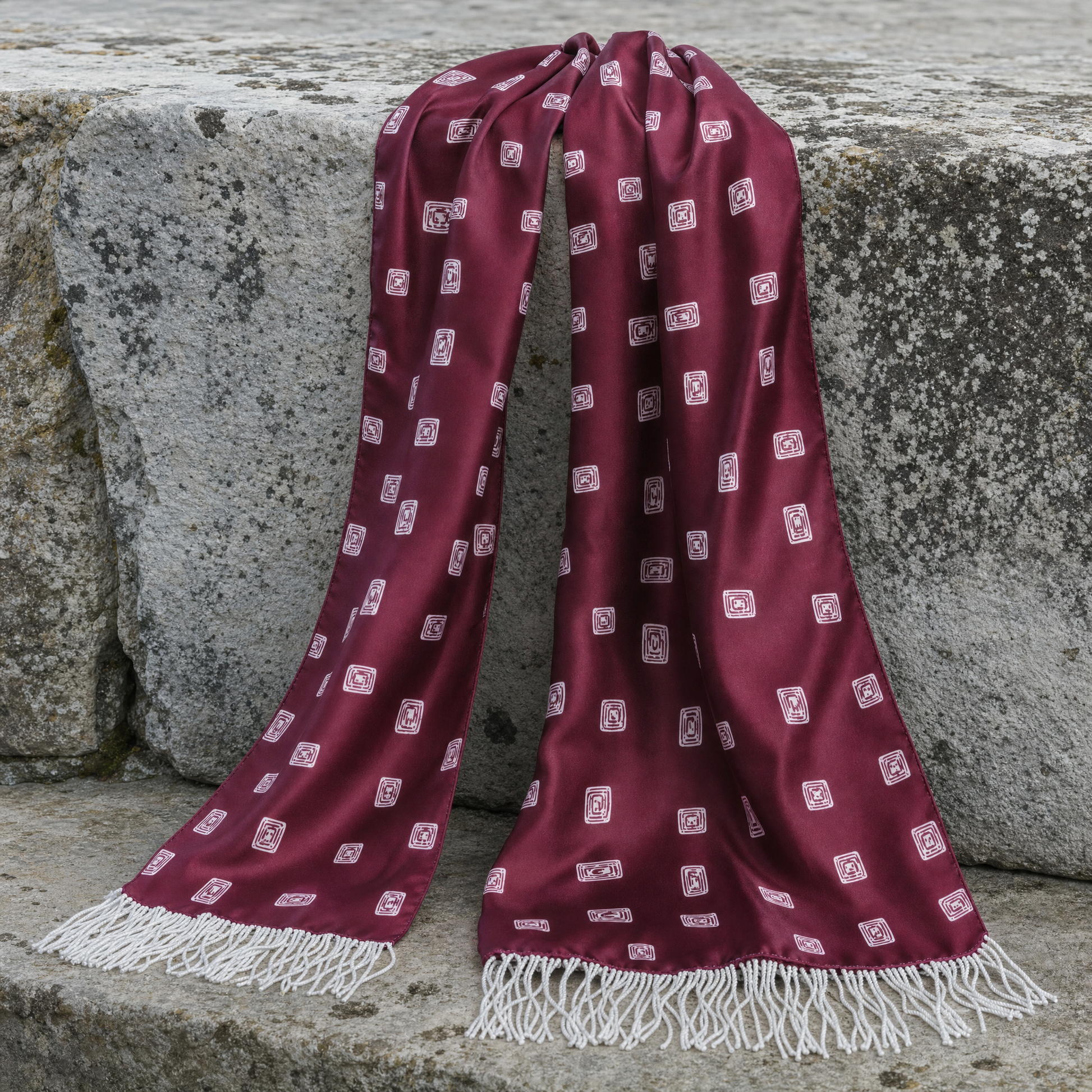 Maroon Diamond Silk Scarf — 100% silk scarf, draped detail