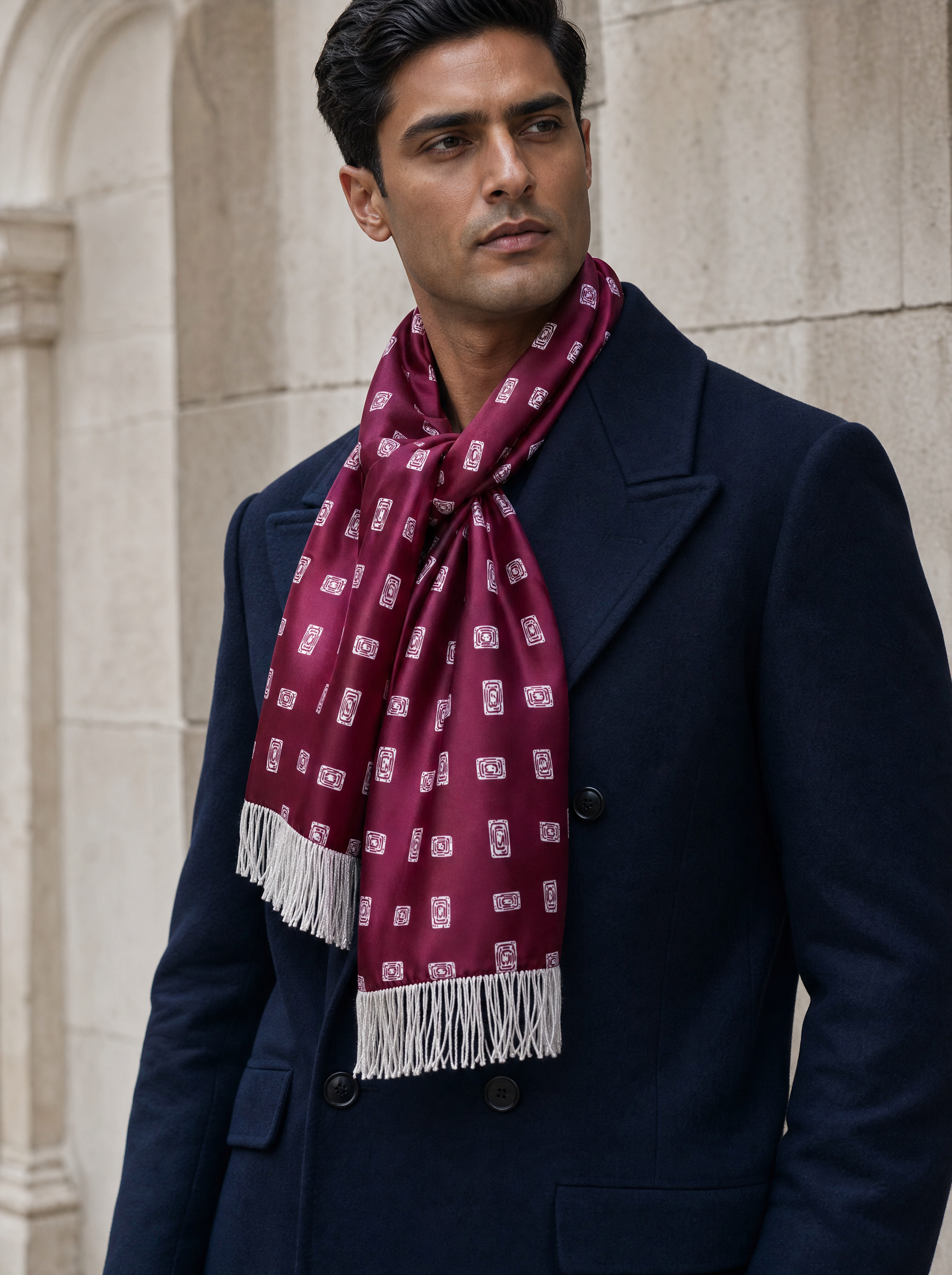 Maroon Diamond Silk Scarf worn by a model — men's scarf