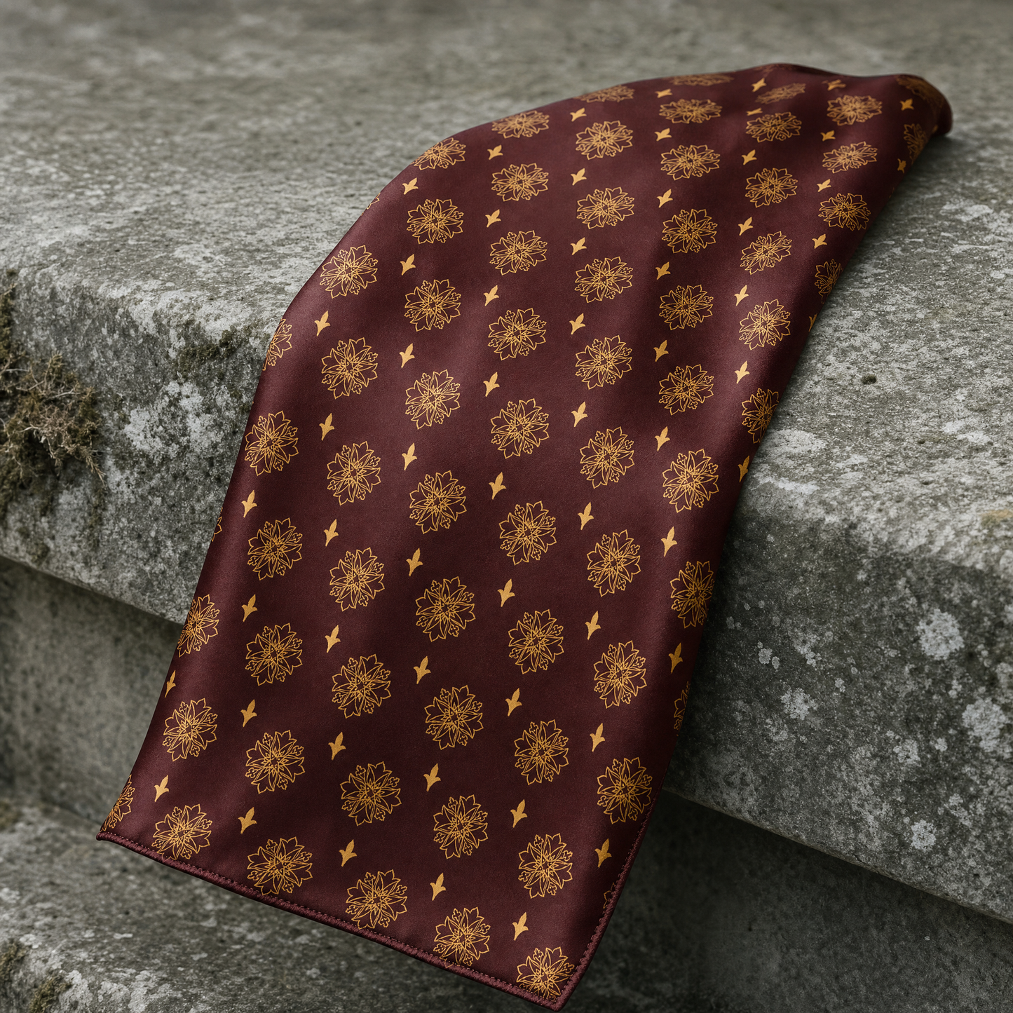 Maroon Eclipse Silk Cravat — 100% silk cravat, draped detail