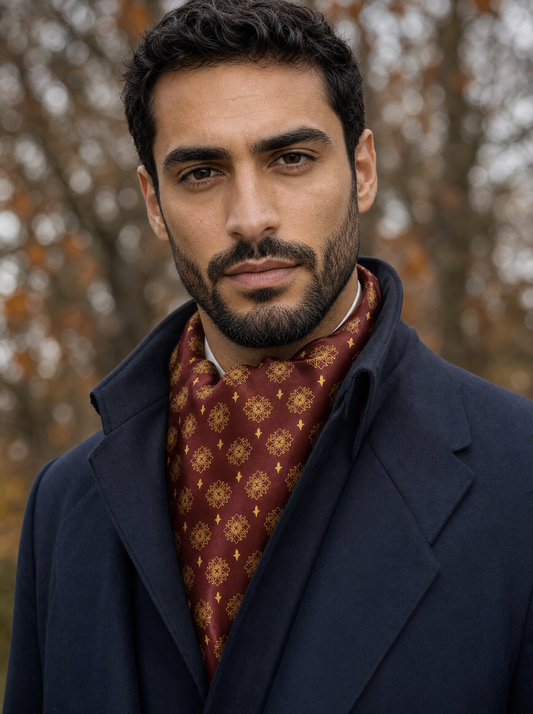 Maroon Eclipse Silk Cravat worn by a model — men's cravat