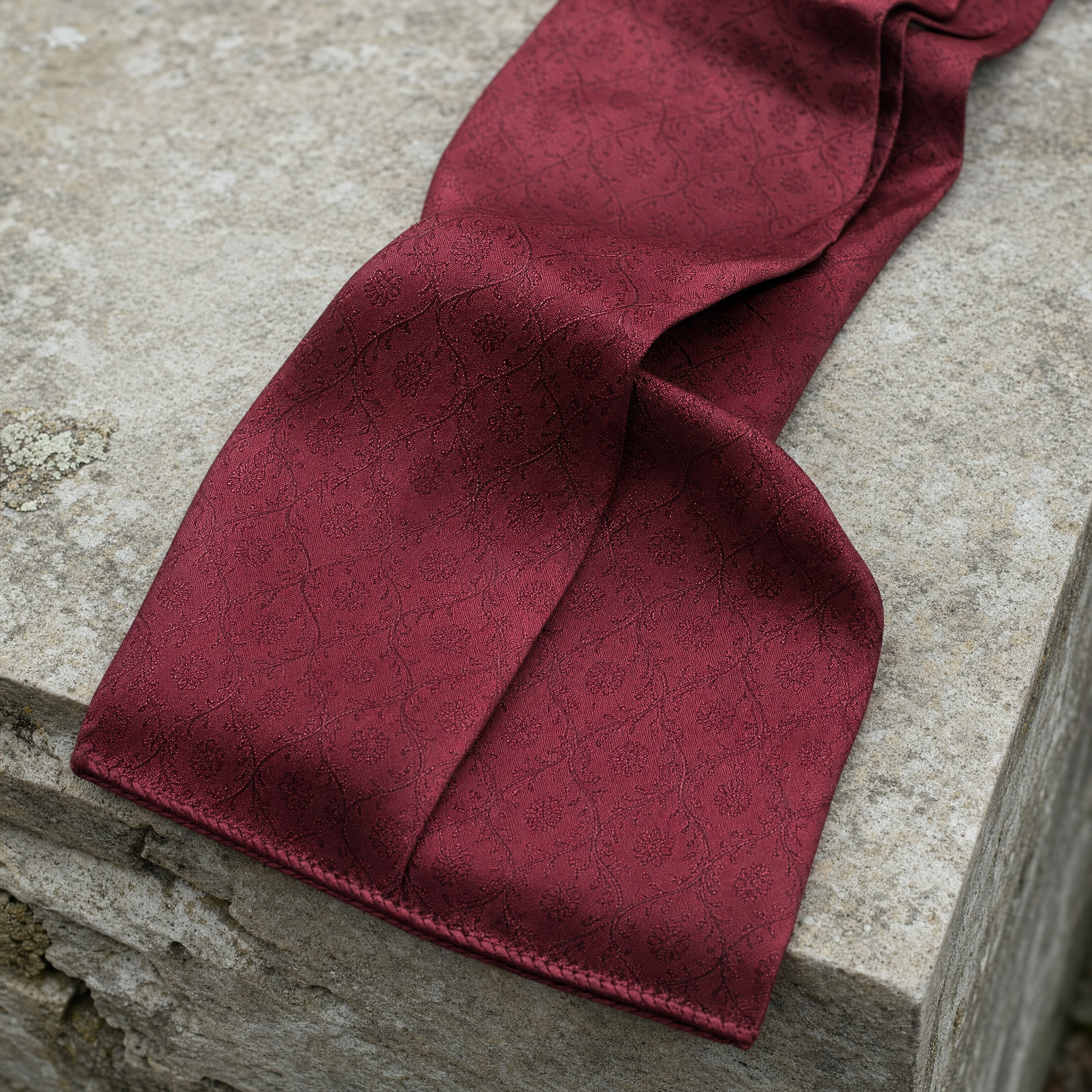 Maroon Festive Cravat — 100% silk cravat, draped detail