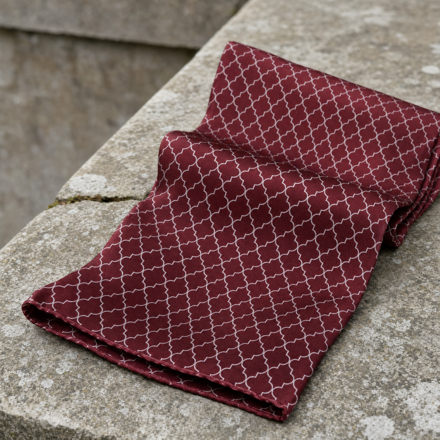 Maroon White Tartan Silk Cravat — 100% silk cravat, draped detail