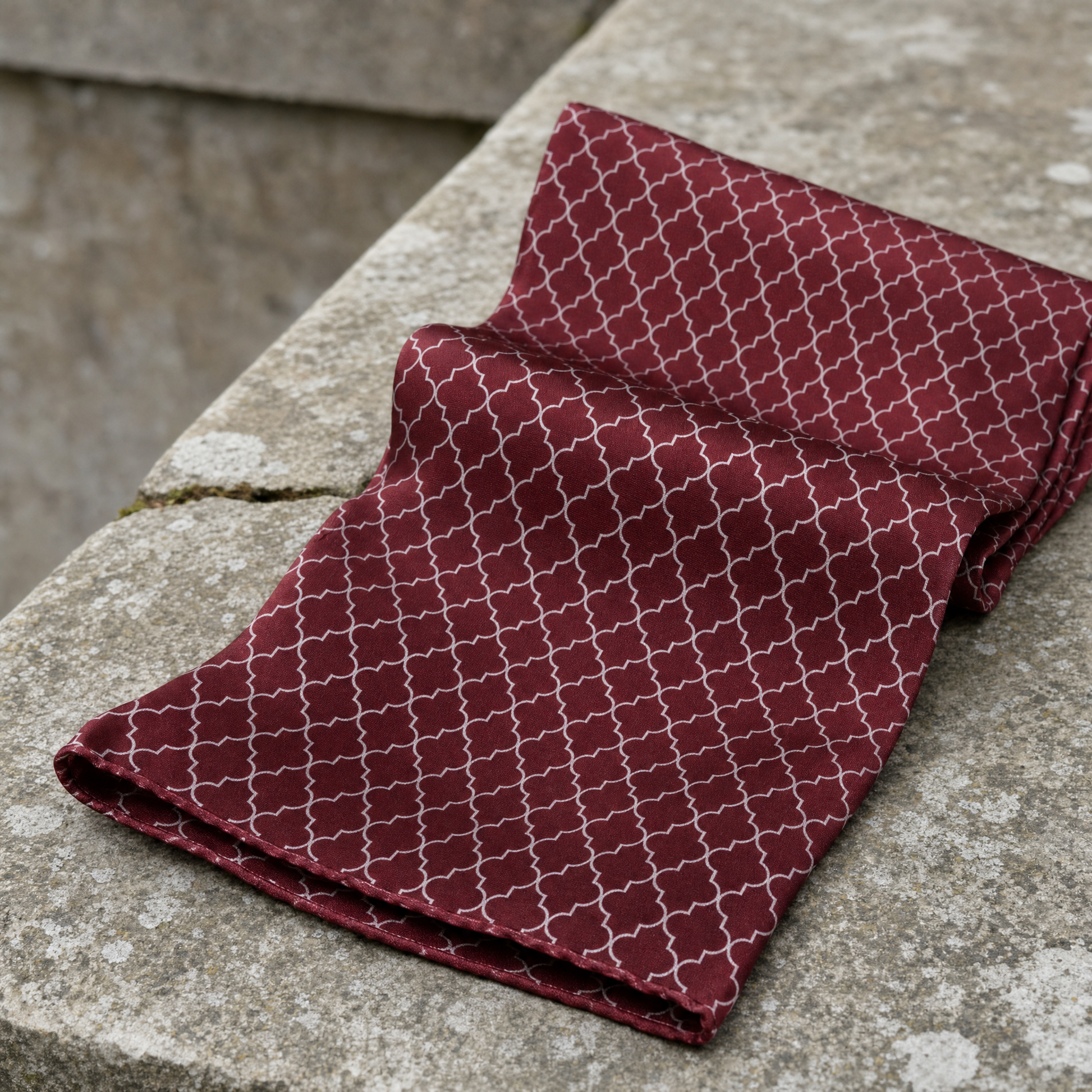 Maroon White Tartan Silk Cravat — 100% silk cravat, draped detail