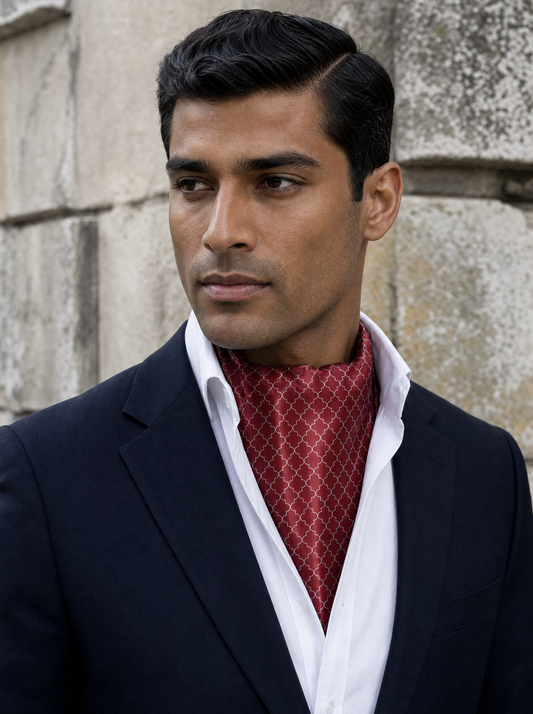Maroon White Tartan Silk Cravat worn by a model — men's cravat