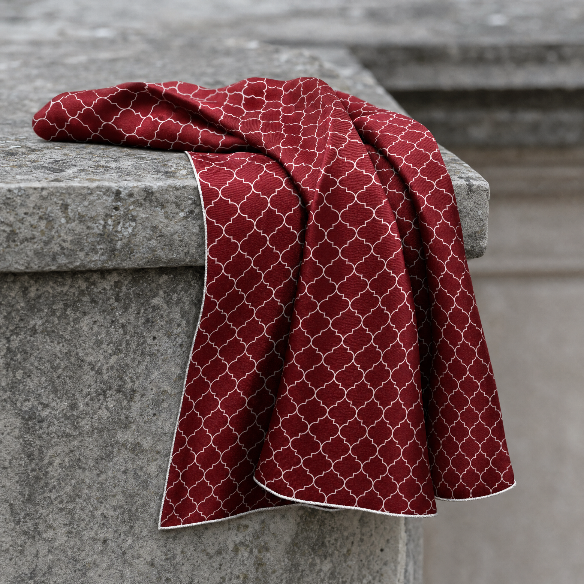 Maroon White Tartan Silk Pocket Square — 100% silk pocket square, draped detail
