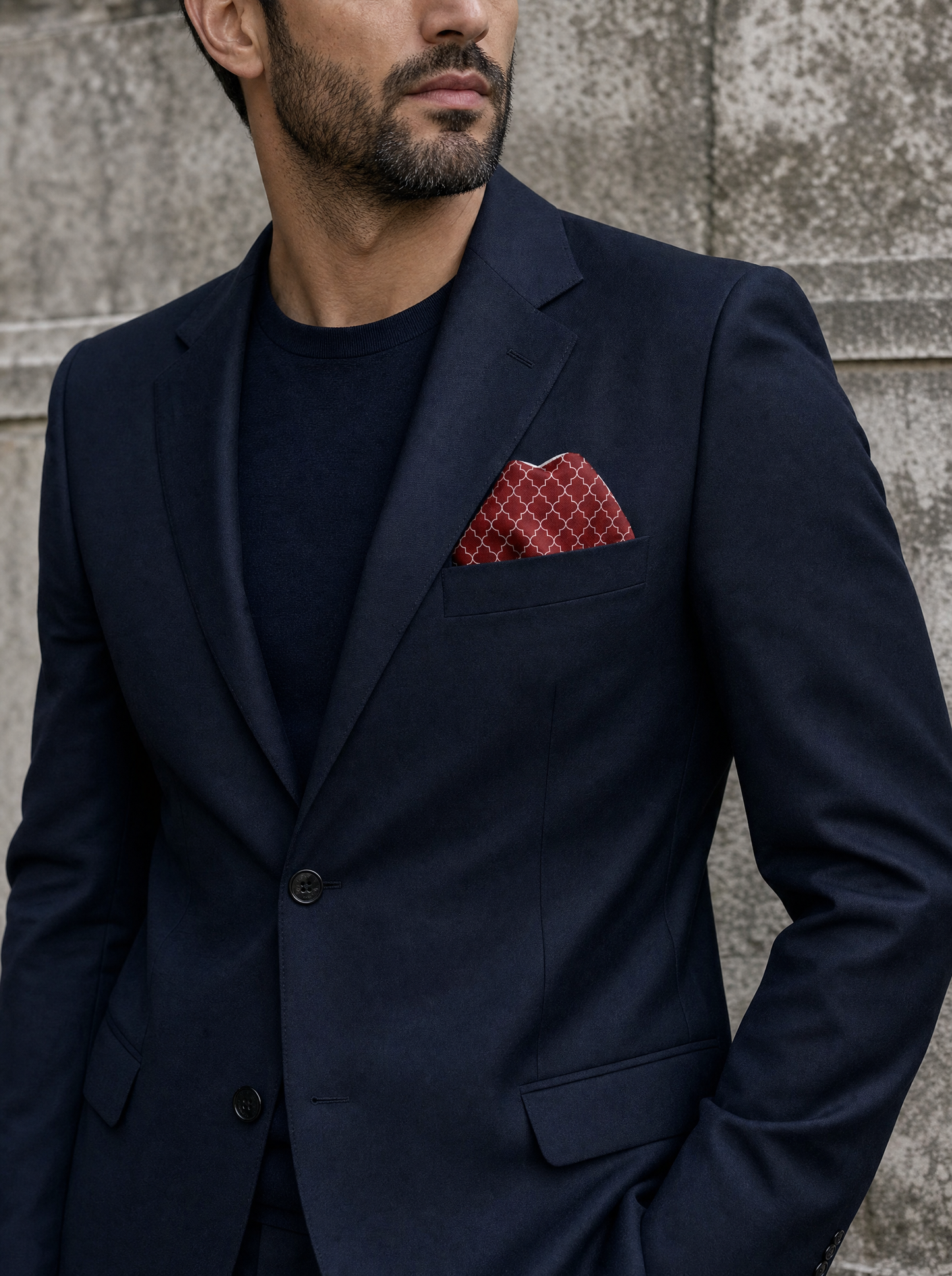 Maroon White Tartan Silk Pocket Square folded in a suit breast pocket — men's silk pocket square