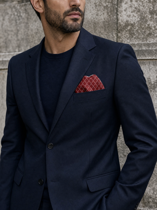 Maroon White Tartan Silk Pocket Square folded in a suit breast pocket — men's silk pocket square