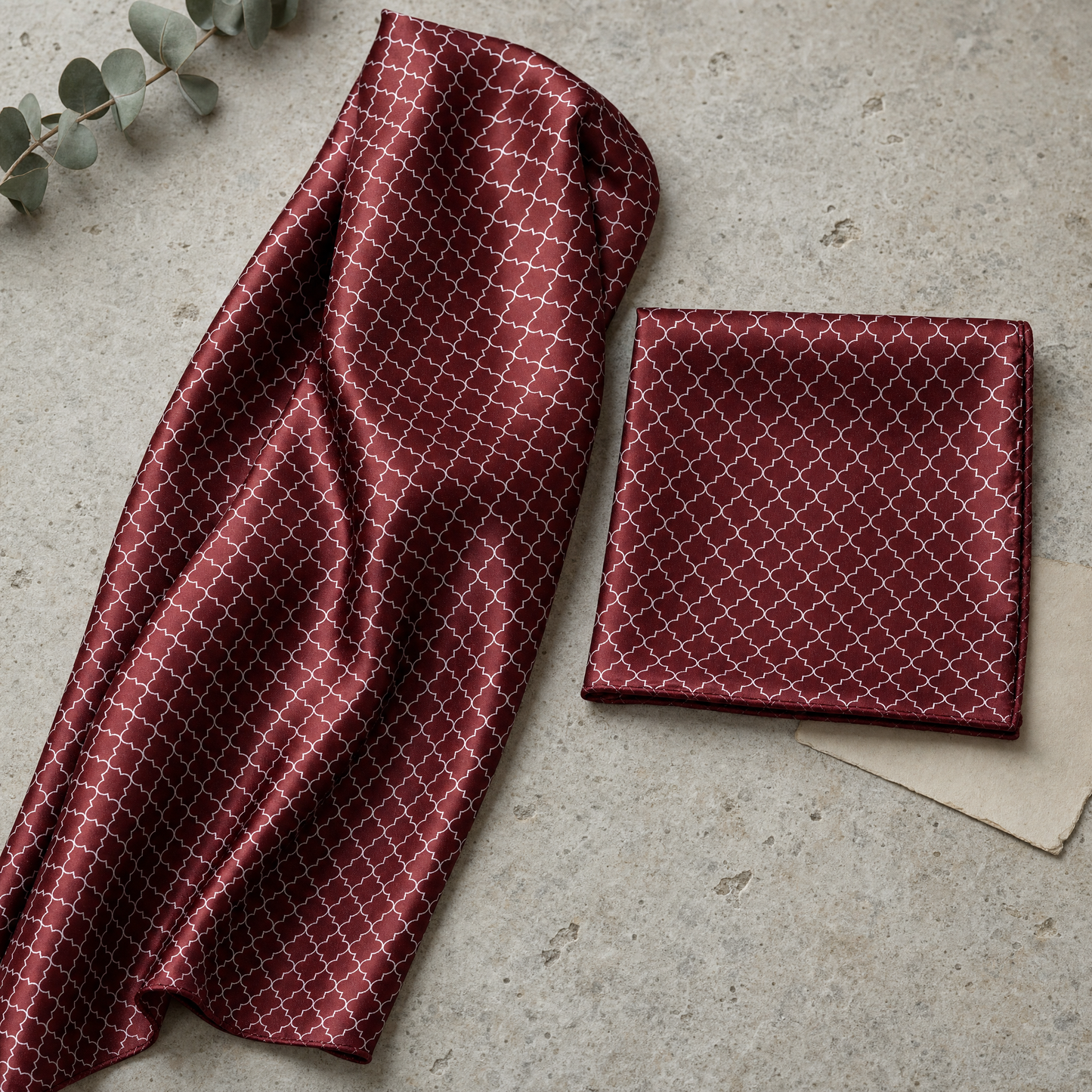 Maroon White Tartan Silk Scarf & Pocket Square Set — 100% silk scarf, draped detail