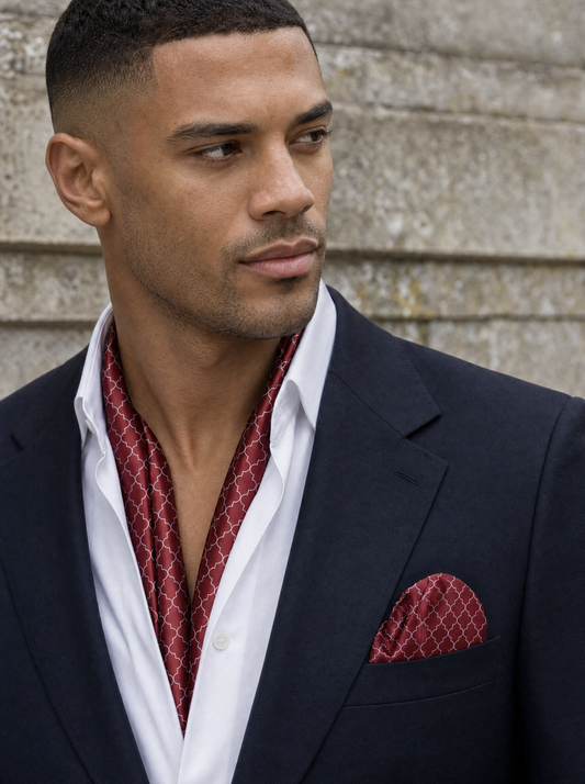 Maroon White Tartan Silk Scarf & Pocket Square Set worn by a model — men's scarf