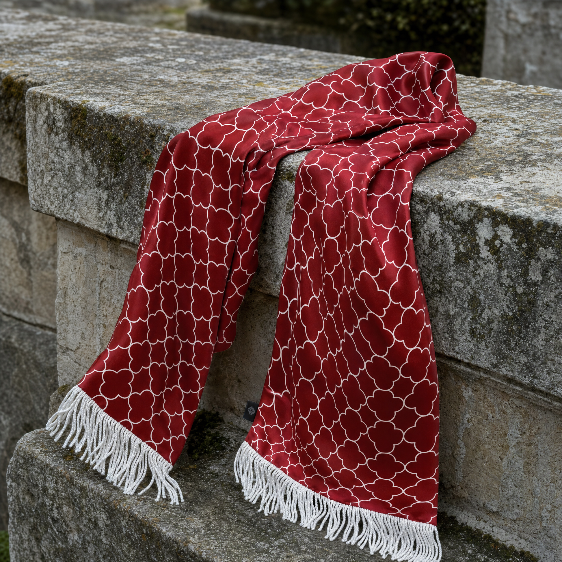 Maroon White Tartan Silk Scarf — 100% silk scarf, draped detail