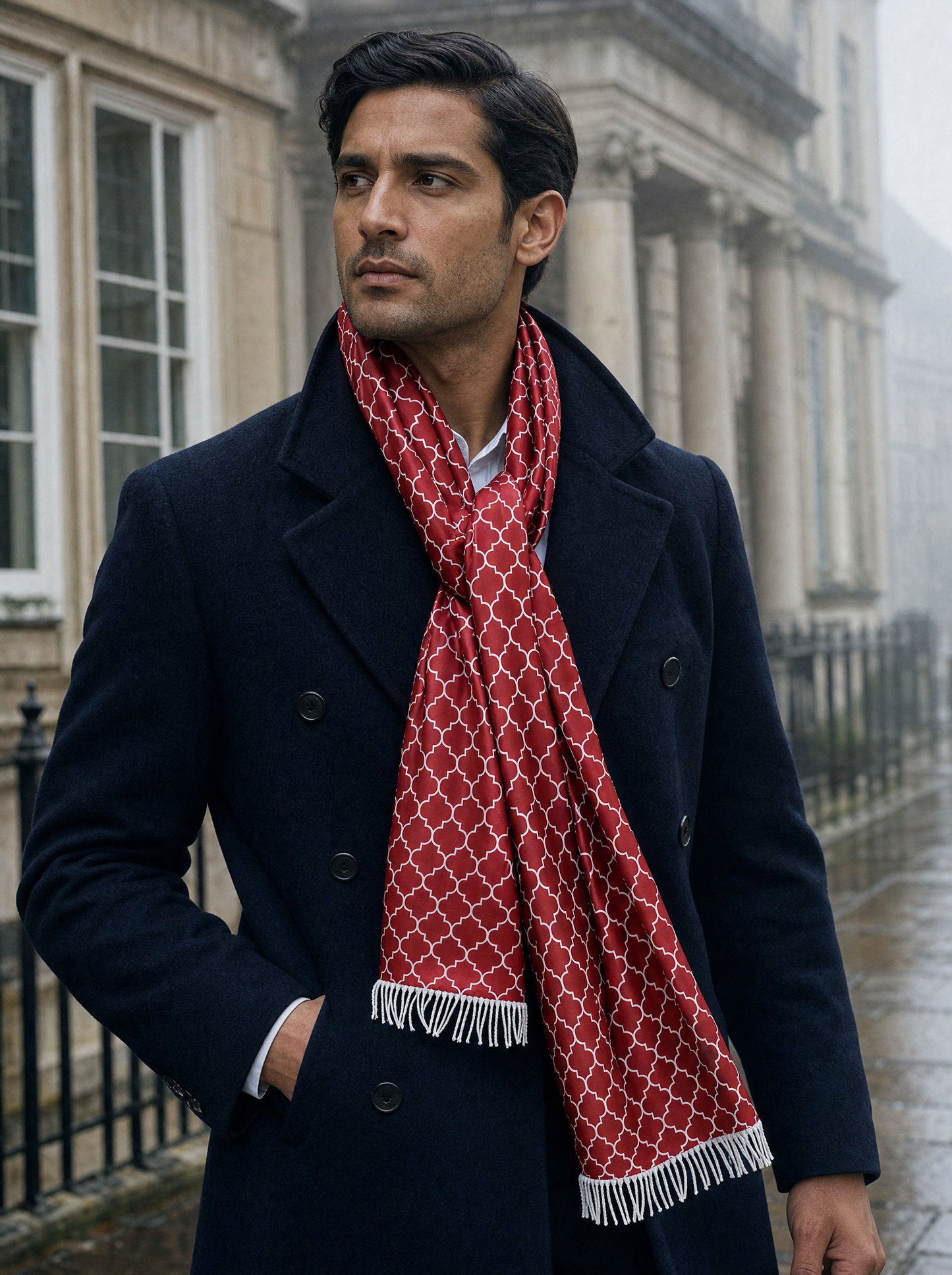 Maroon White Tartan Silk Scarf worn by a model — men's scarf