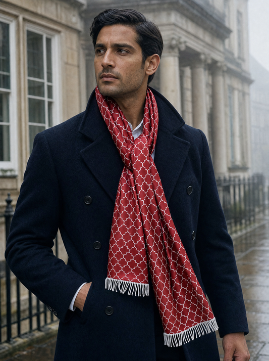 Maroon White Tartan Silk Scarf worn by a model — men's scarf