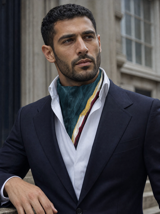 Midnight Artist Silk Cravat worn by a model — men's cravat