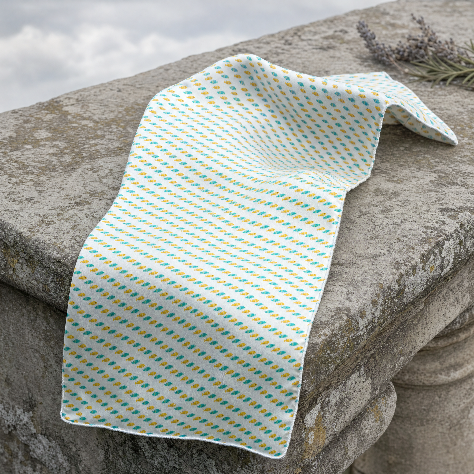 Minty Fish Shoal Silk Cravat — 100% silk cravat, draped detail