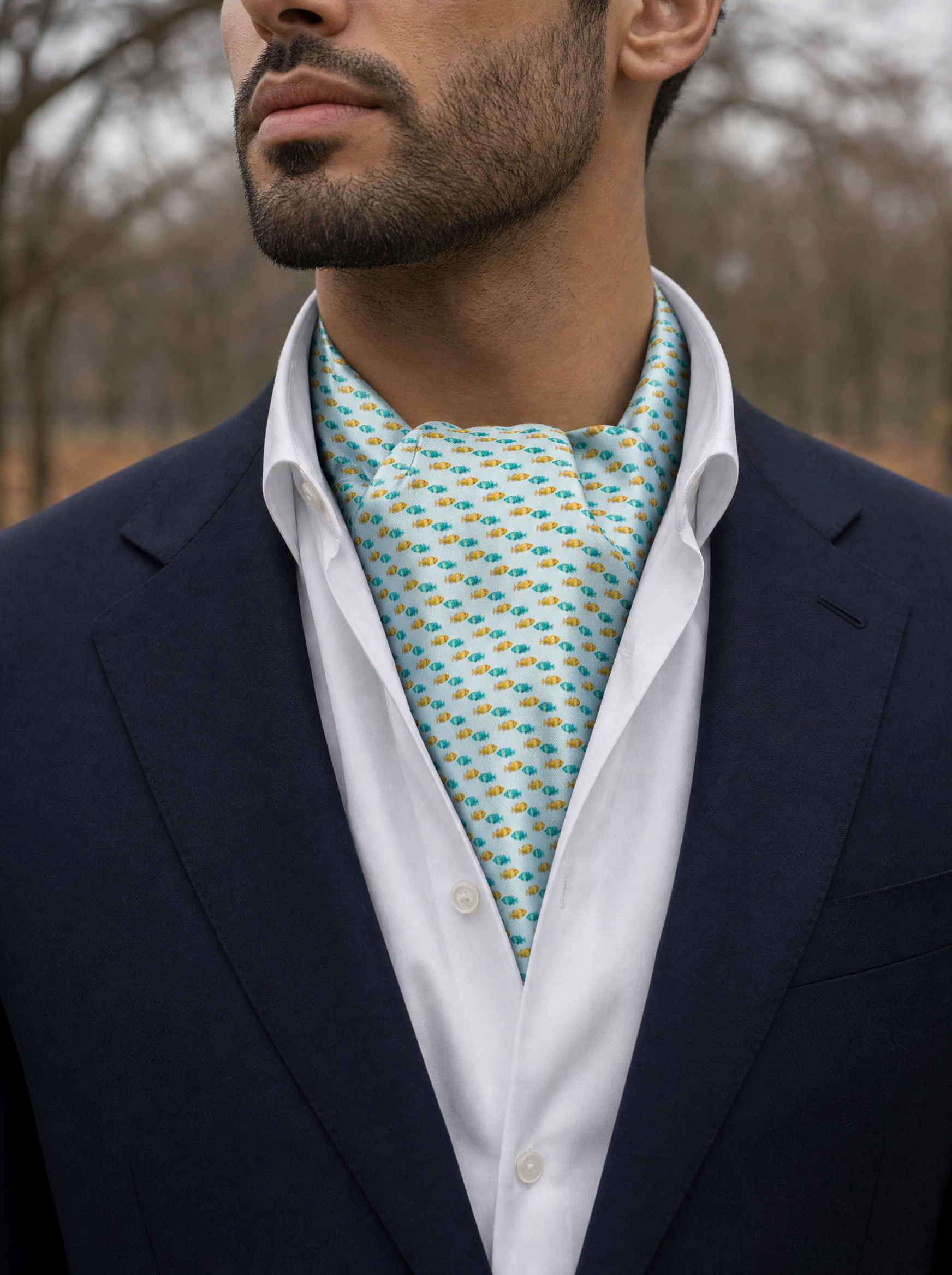 Minty Fish Shoal Silk Cravat worn by a model — men's cravat