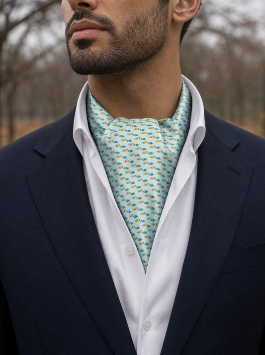Minty Fish Shoal Silk Cravat worn by a model — men's cravat