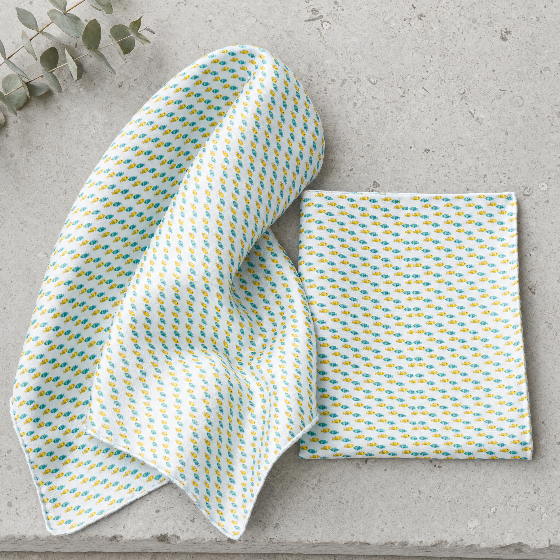 Minty Fish Shoal Silk Scarf & Pocket Square Set — 100% silk scarf, draped detail