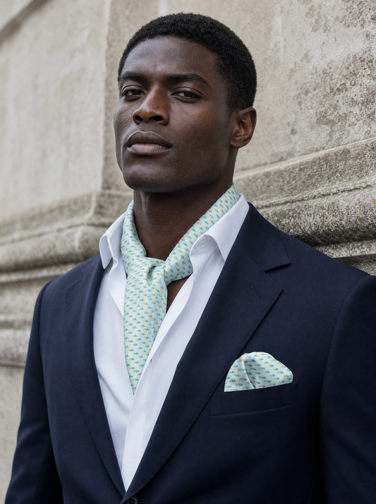 Minty Fish Shoal Silk Scarf & Pocket Square Set worn by a model — men's scarf