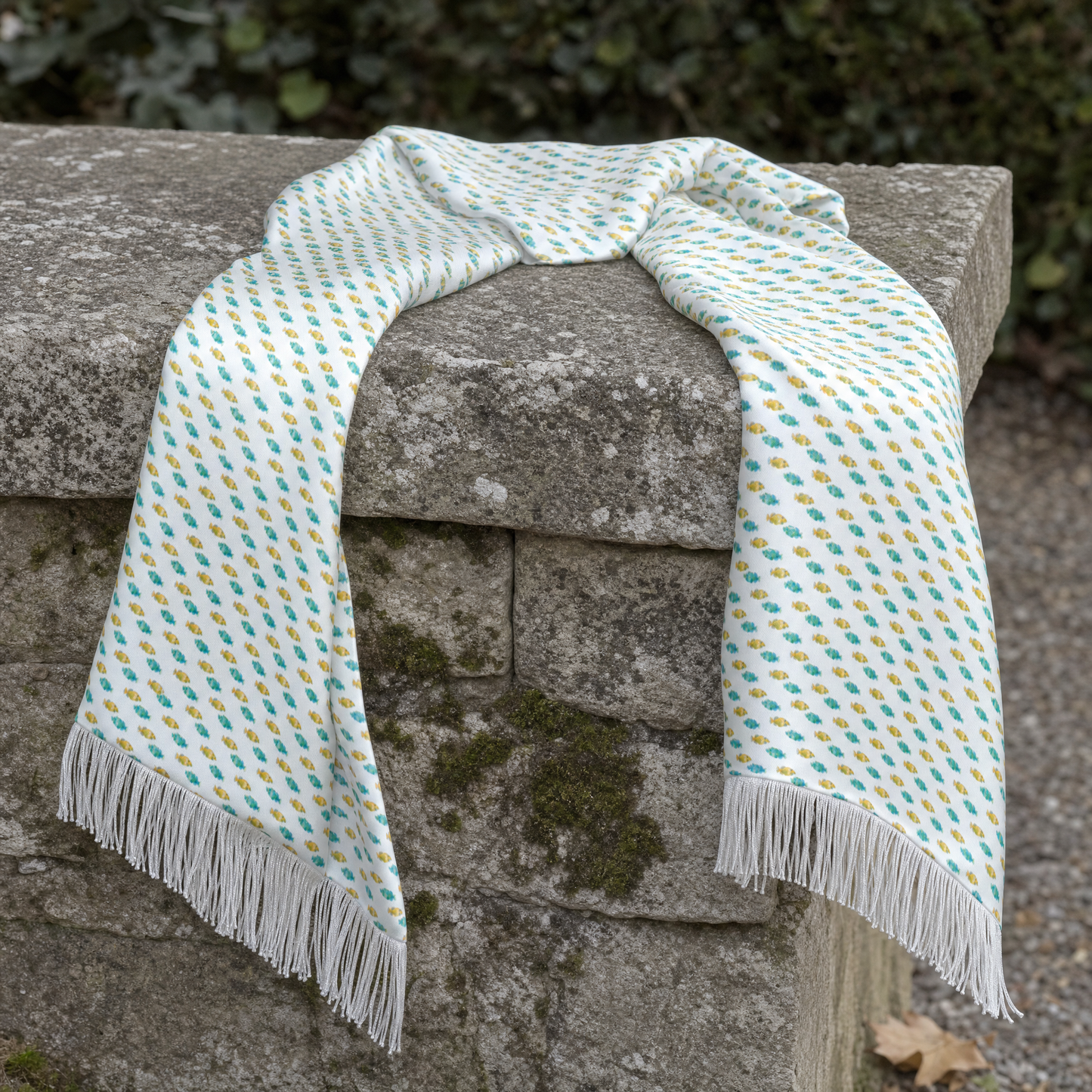 Minty Fish Shoal Silk Scarf — 100% silk scarf, draped detail