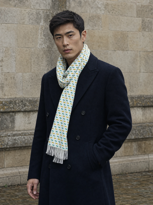Minty Fish Shoal Silk Scarf worn by a model — men's scarf