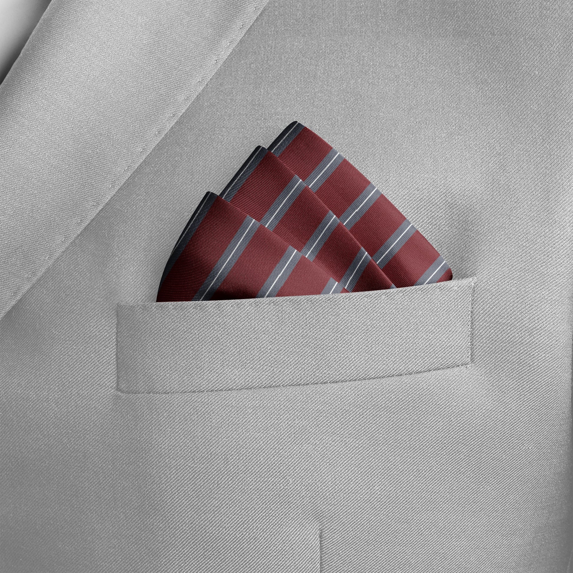 Regimental Maroon And Grey Silk Pocket Square — men's silk pocket square, view 7