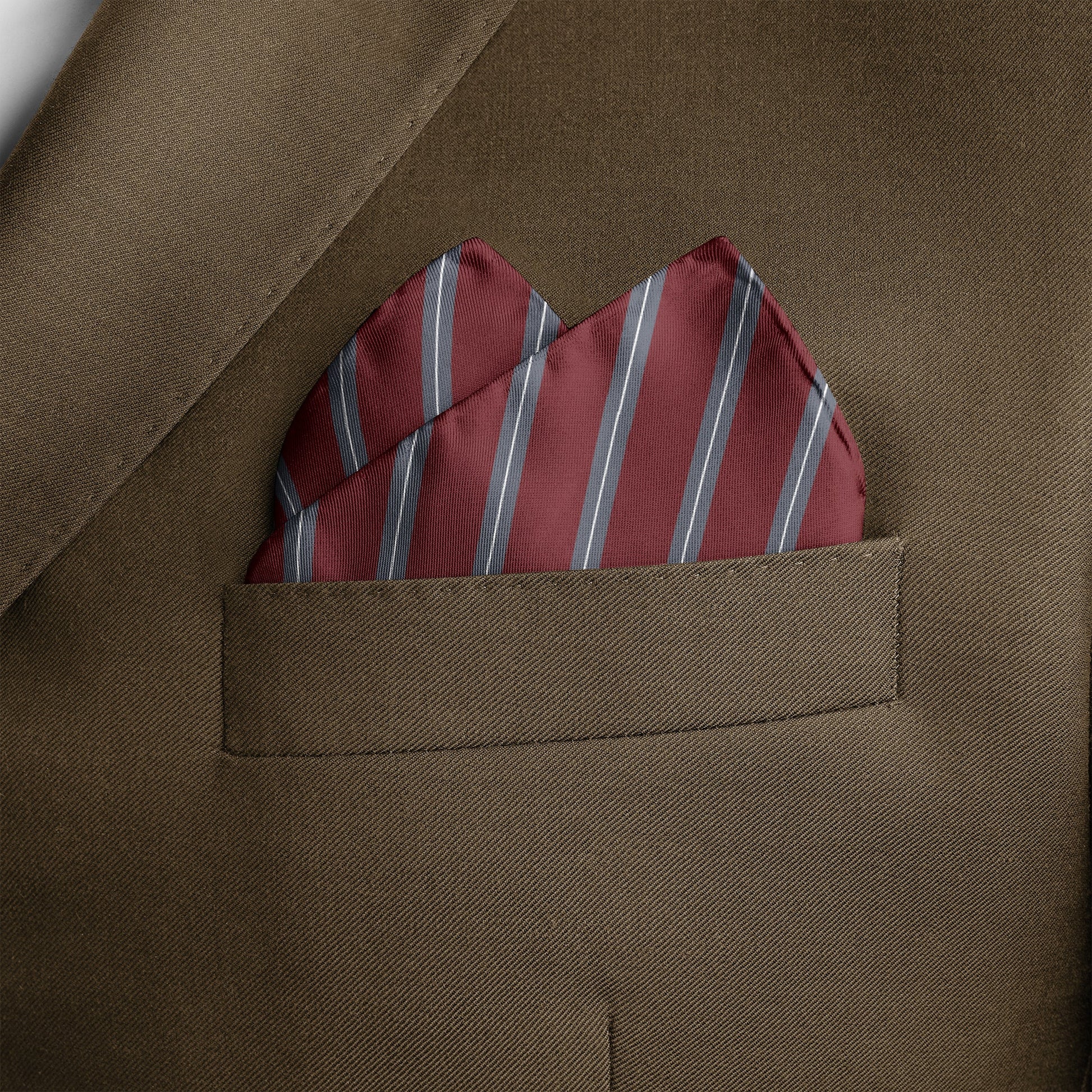 Regimental Maroon And Grey Silk Pocket Square — men's silk pocket square, view 5
