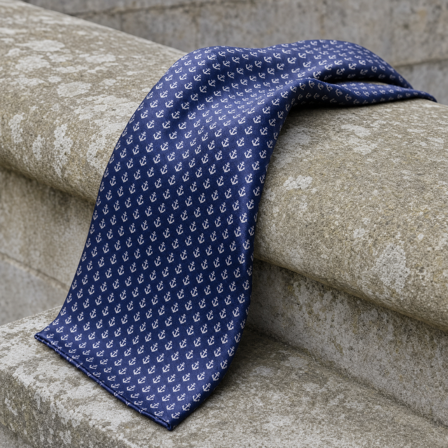 Navy Valour Anchor Silk Cravat — 100% silk cravat, draped detail