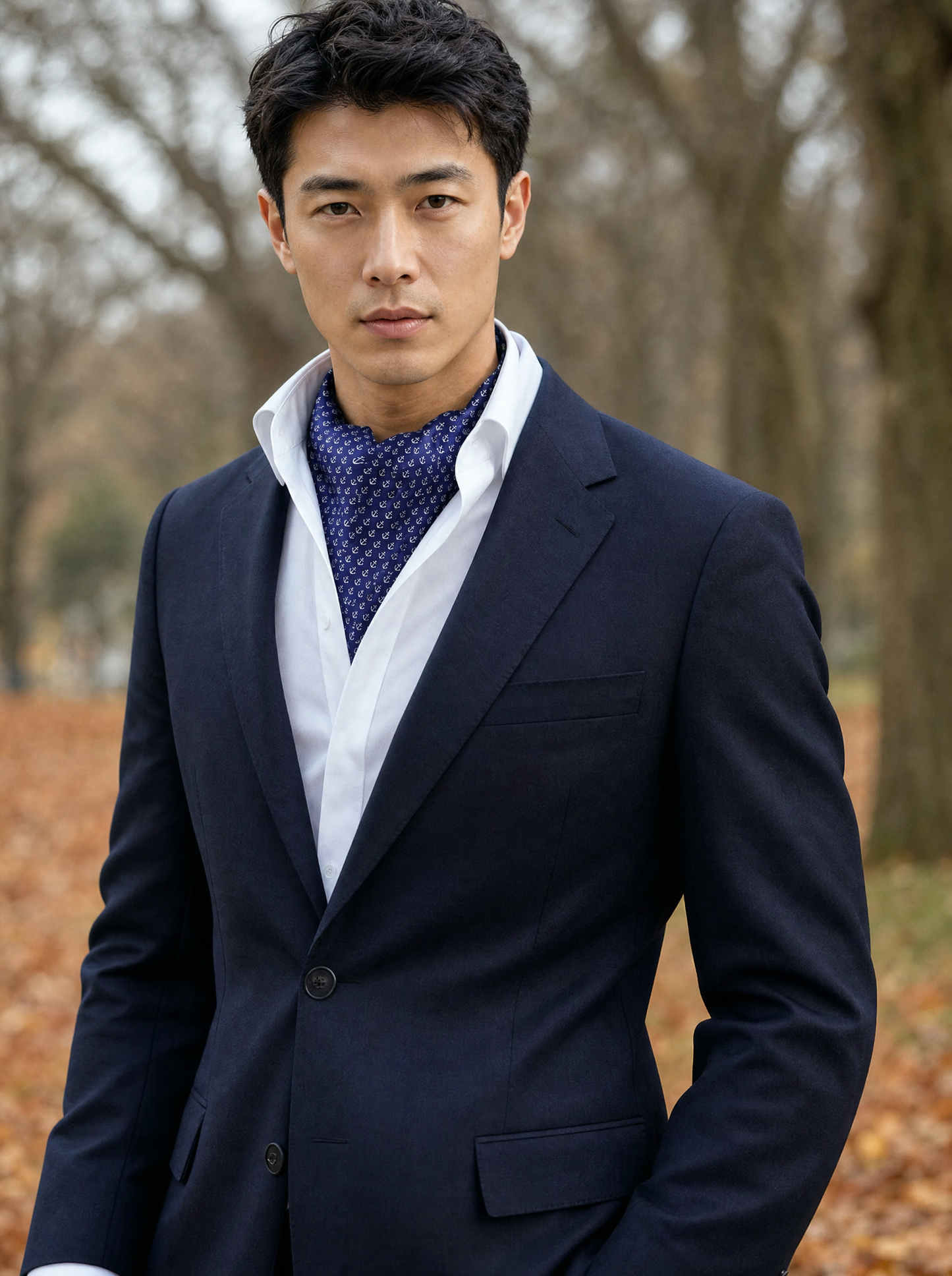 Navy Valour Anchor Silk Cravat worn by a model — men's cravat