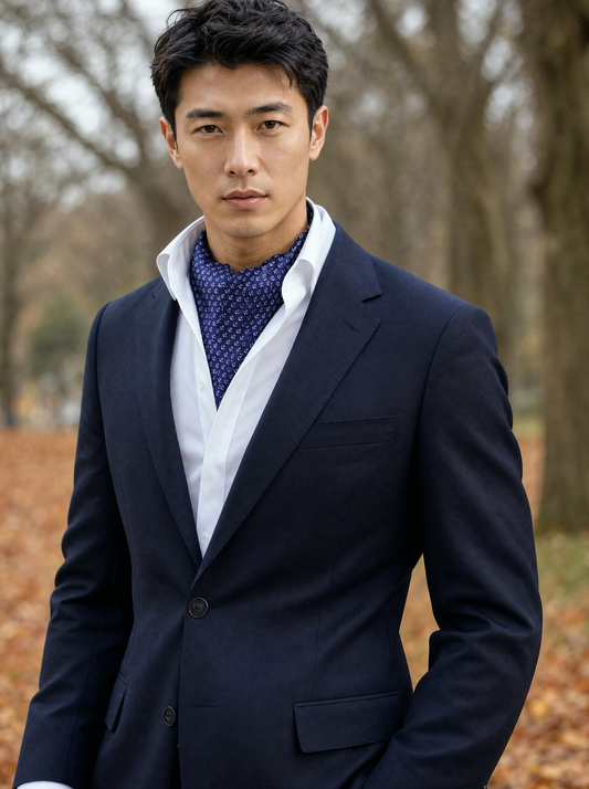 Navy Valour Anchor Silk Cravat worn by a model — men's cravat