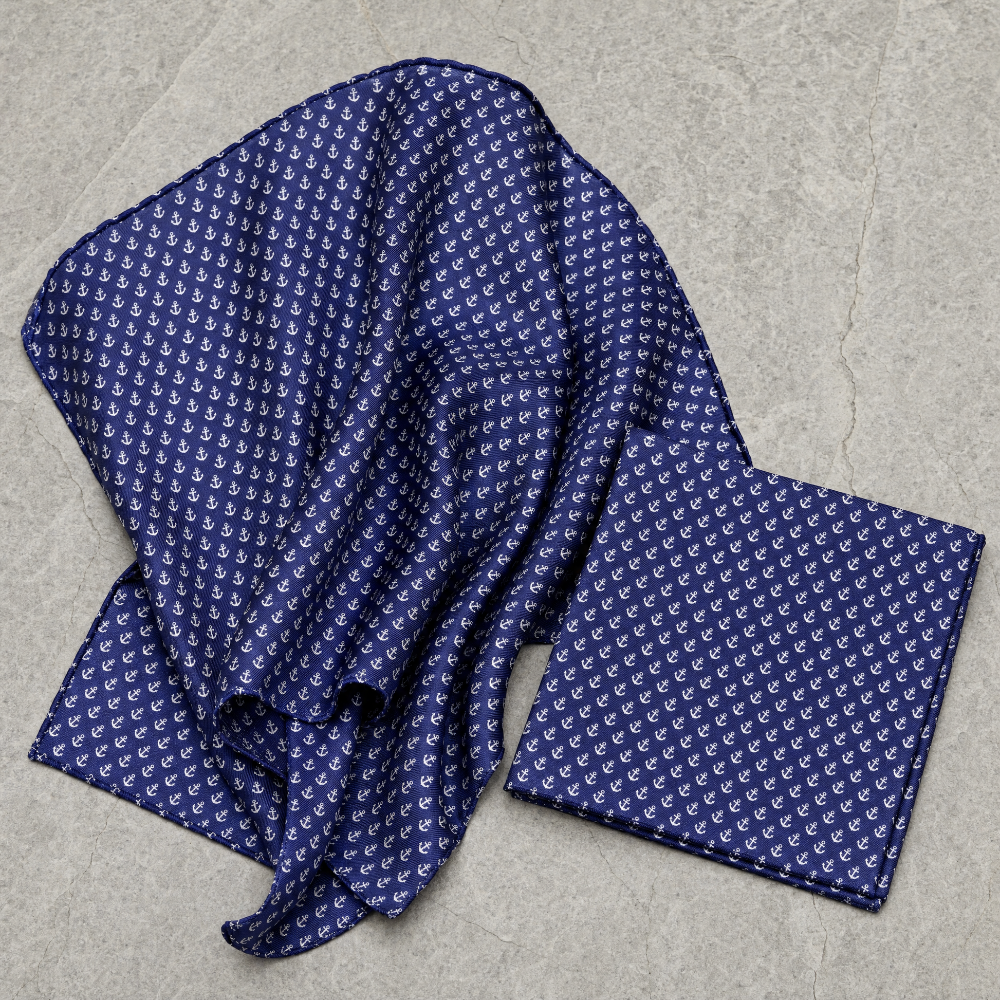 Navy Valour Anchor Silk Scarf & Pocket Square Set — 100% silk scarf, draped detail