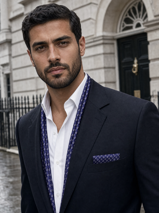 Navy Valour Anchor Silk Scarf & Pocket Square Set worn by a model — men's scarf
