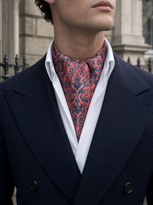 PatróN De Damasco Antiguo Silk Cravat worn by a model — men's cravat