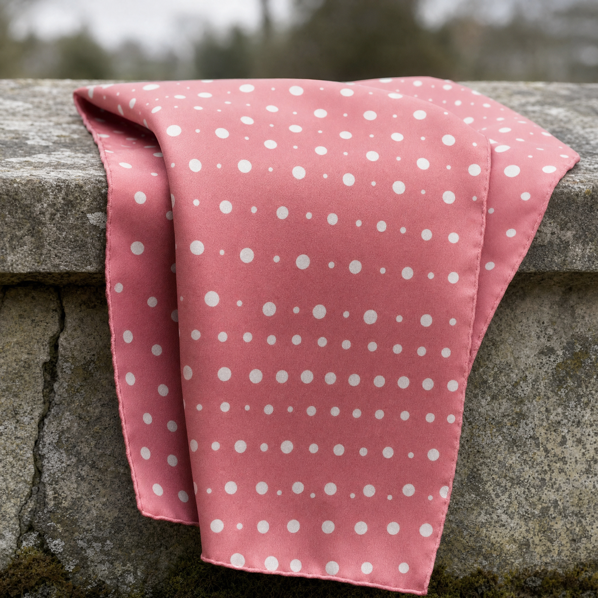 Peach With White Polka Silk Cravat — 100% silk cravat, draped detail