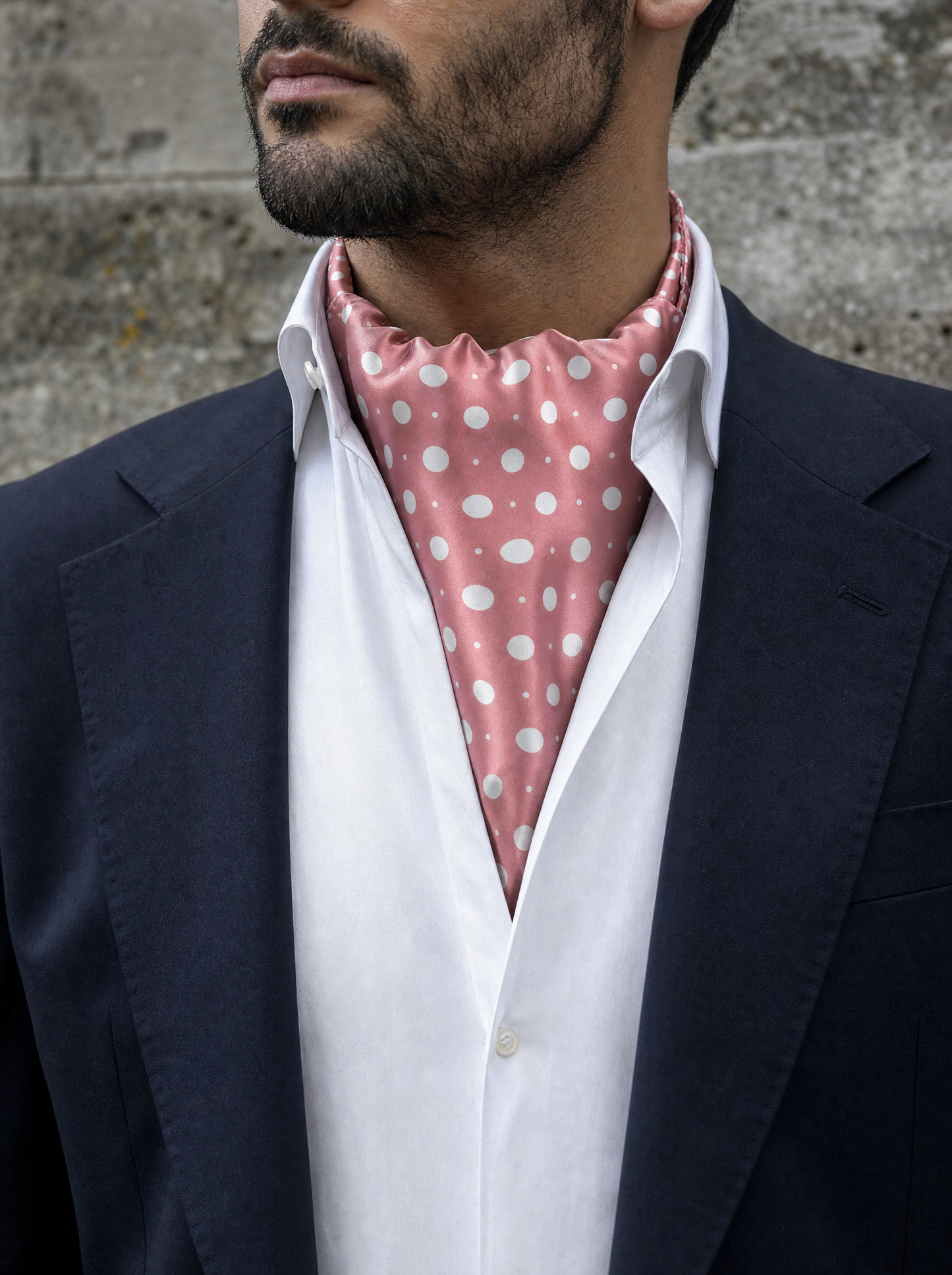 Peach With White Polka Silk Cravat worn by a model — men's cravat