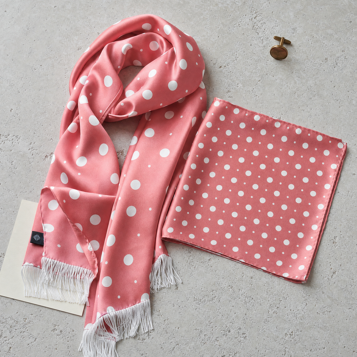 Peach With White Polka Silk Scarf & Pocket Square Set — 100% silk scarf, draped detail