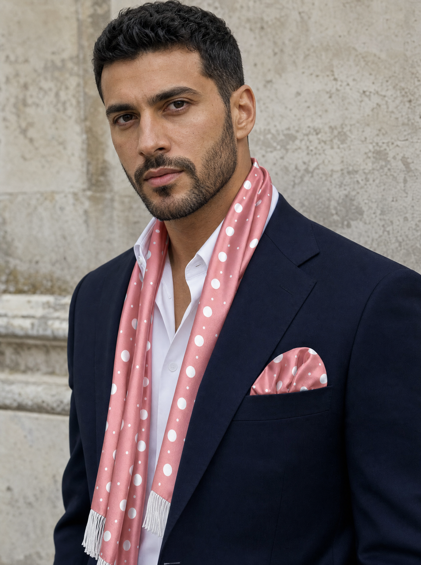 Peach With White Polka Silk Scarf & Pocket Square Set worn by a model — men's scarf
