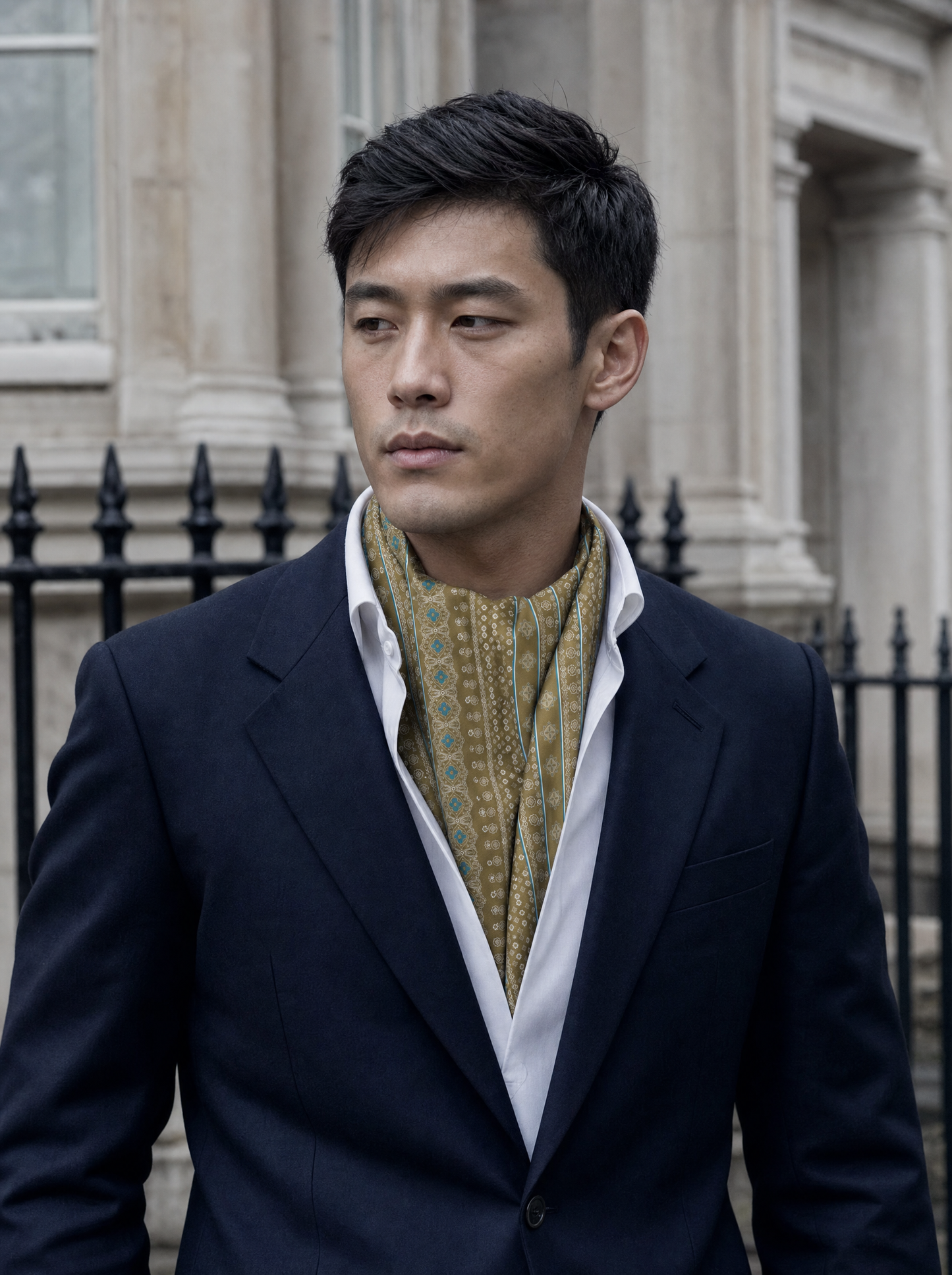 Persian Caramel Silk Cravat worn by a model — men's cravat